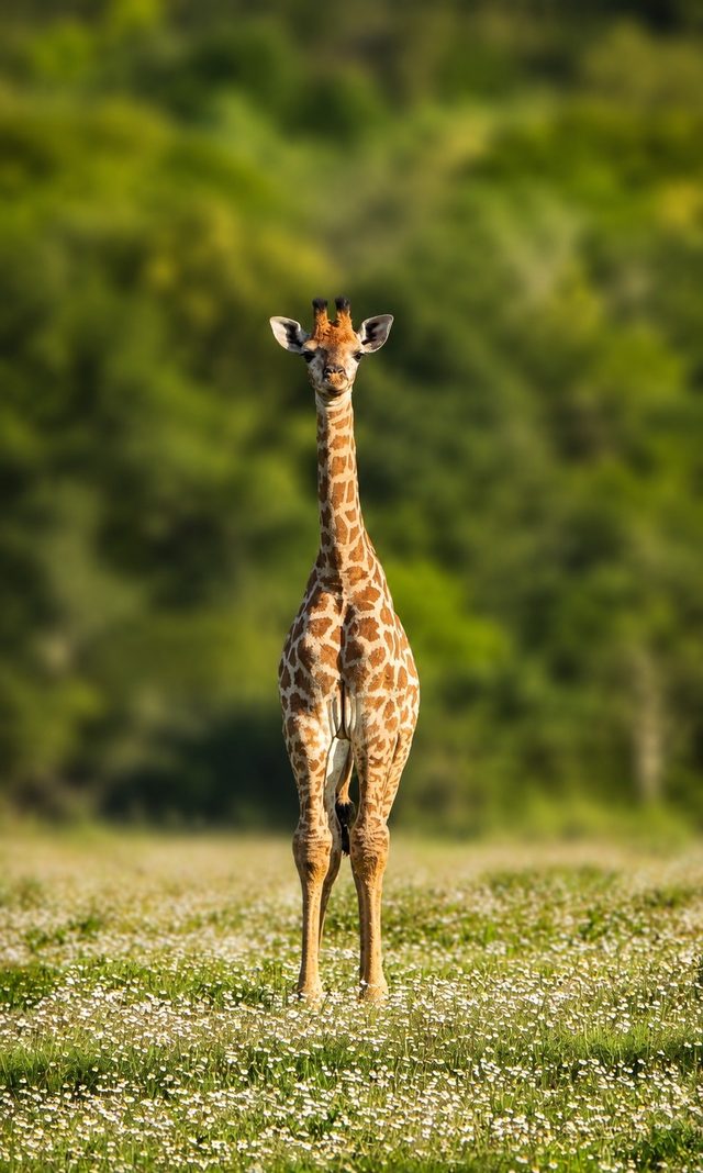 A giraffe calf stands head-on in a meadow of daisies, forest behind