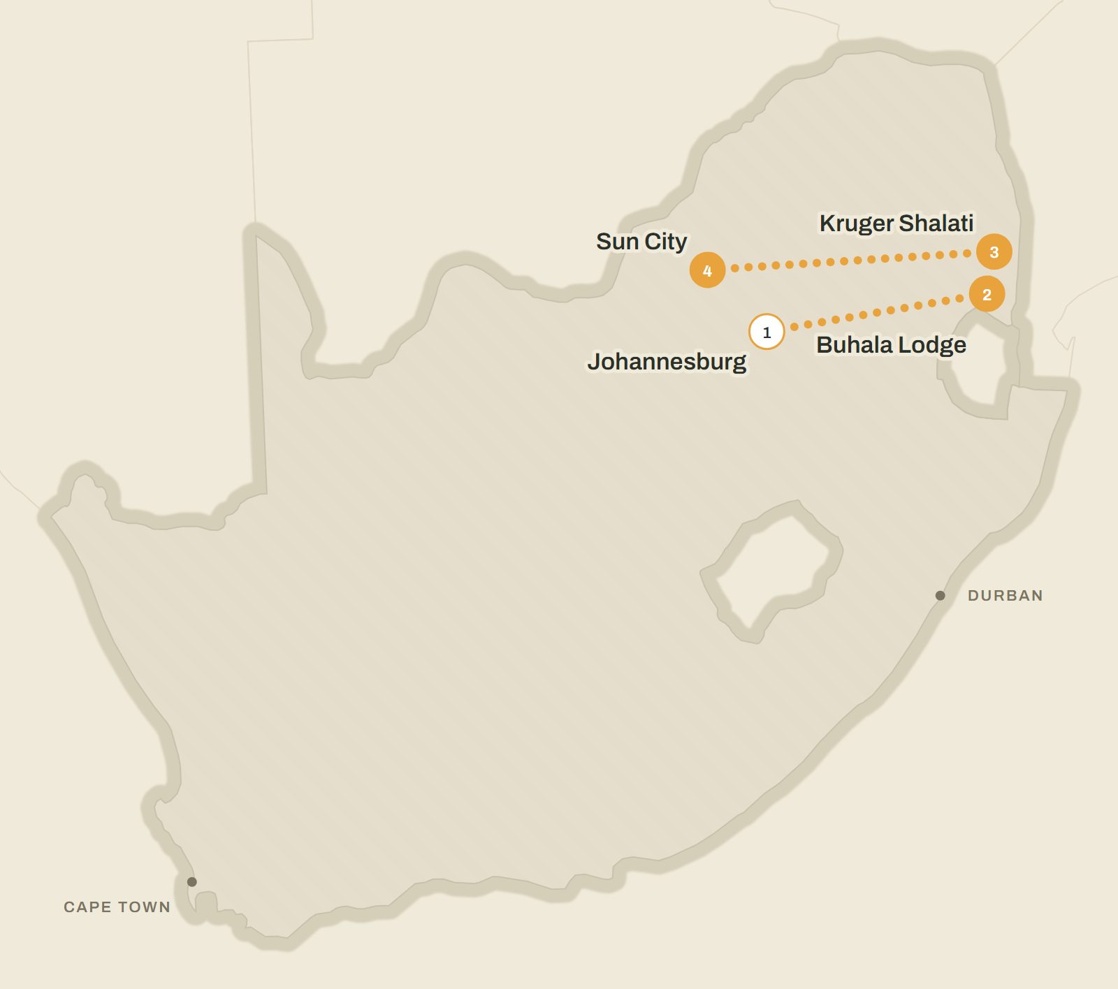 Map of South Africa with Tour 1's stops marked in order: Johannesburg, Buhala Lodge, Kruger Shalati, Sun City