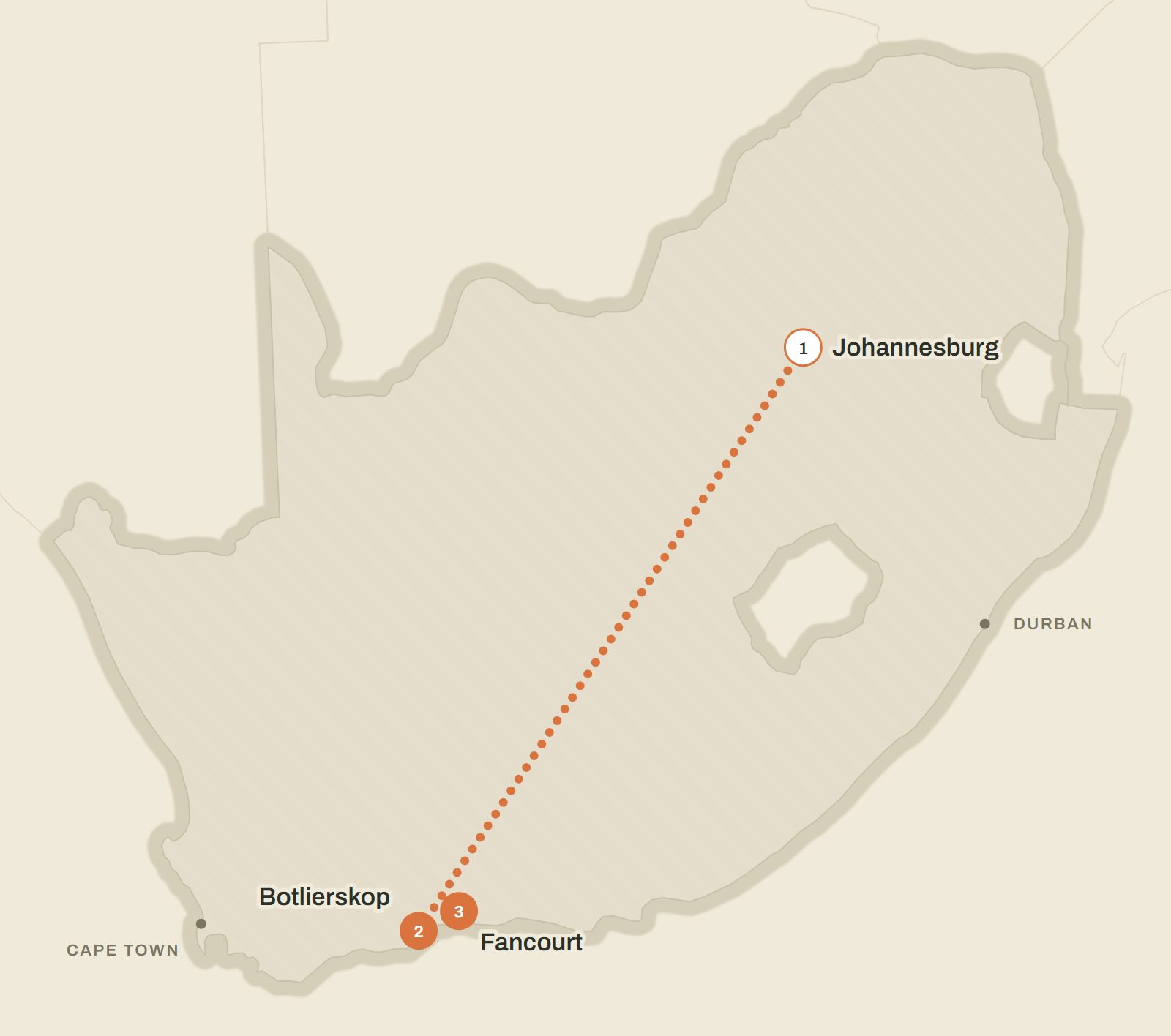 Map of South Africa with Tour 2's stops marked in order: Johannesburg, Botlierskop, Fancourt at George