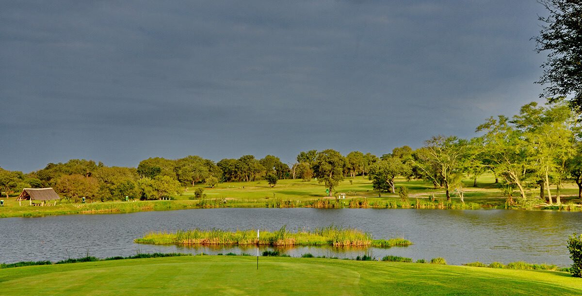 A putting green and its flagstick in the foreground, water beyond it with a reed island in the middle, and bushveld trees, open grass and a thatched hut along the far bank under a dark sky
